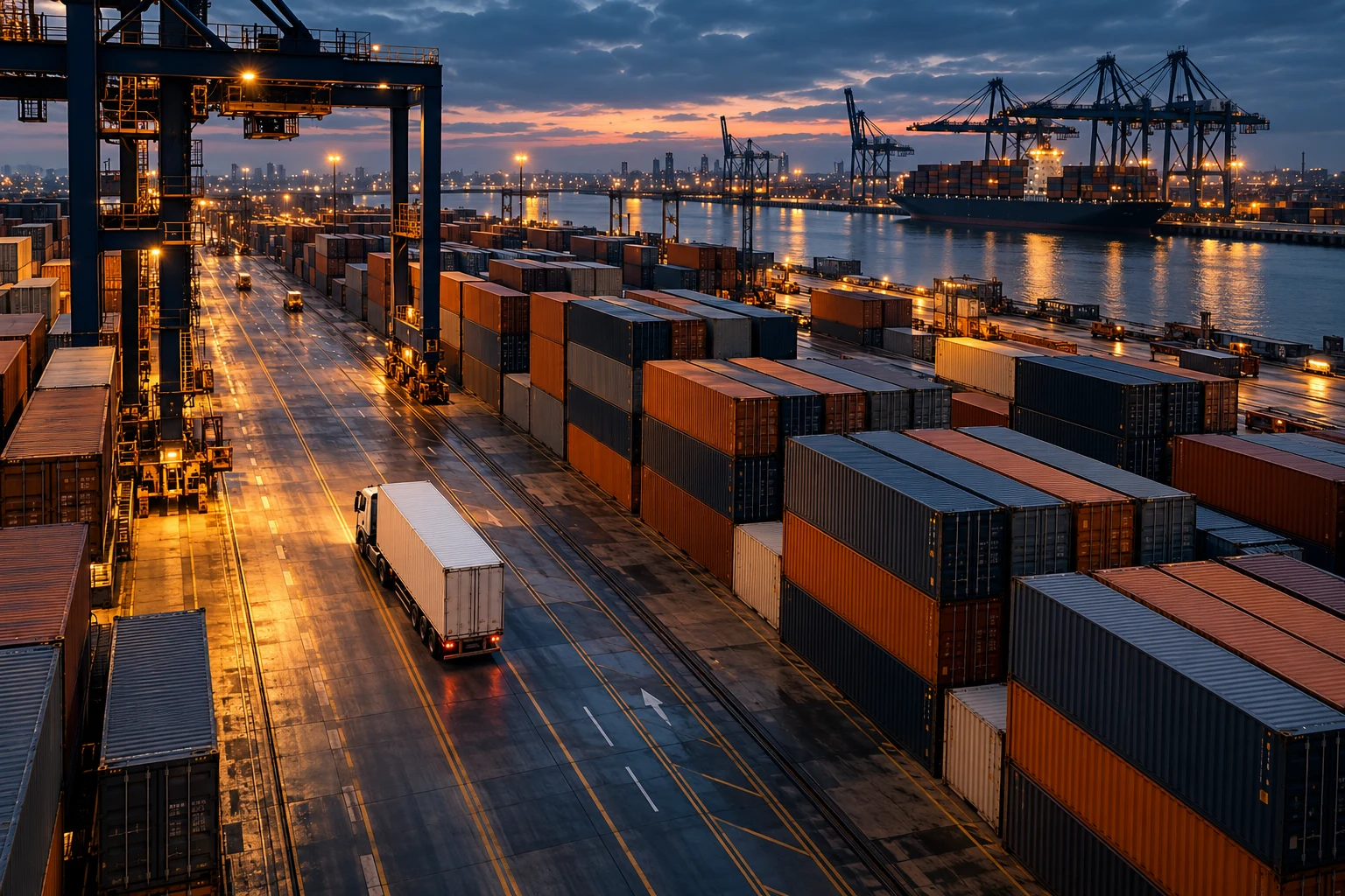 container truck moving through a port terminal