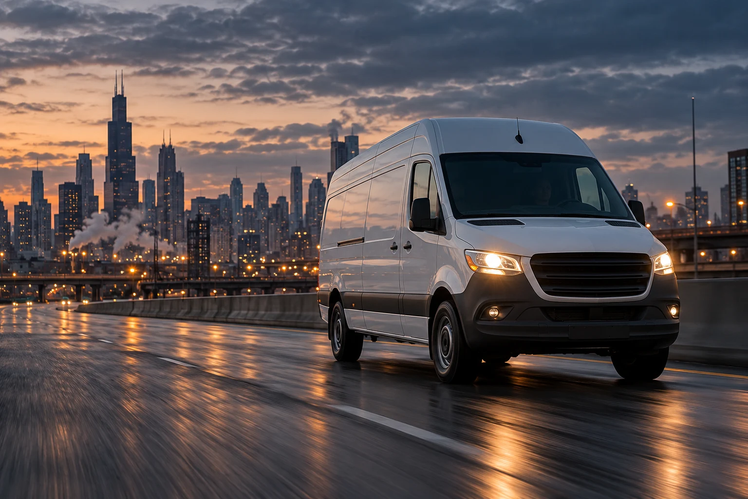 cargo van on an urban expressway at dawn