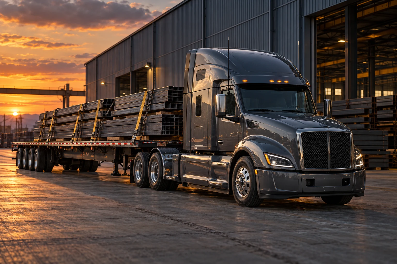 flatbed truck with steel freight beside an industrial building