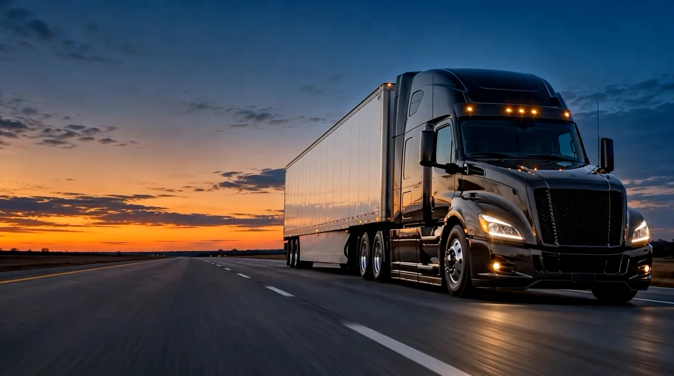 semi-truck traveling on a highway at sunset