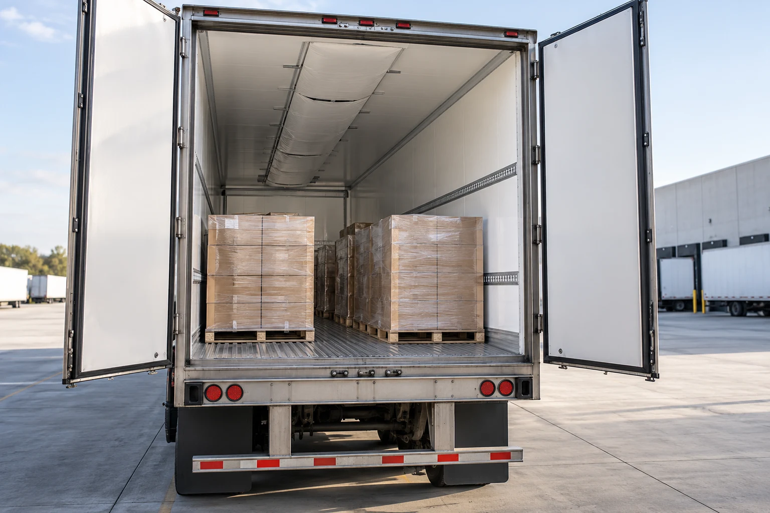 rear view of an open refrigerated semi-trailer with wrapped pallets, insulated walls, and a ceiling air chute