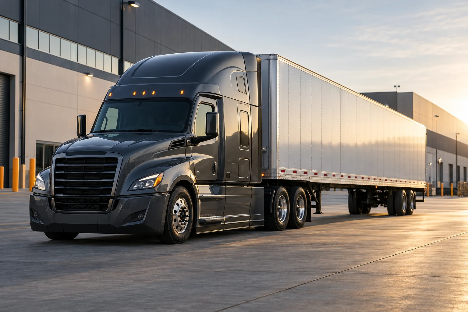 graphite tractor and silver dry-van trailer at a modern freight terminal in morning light