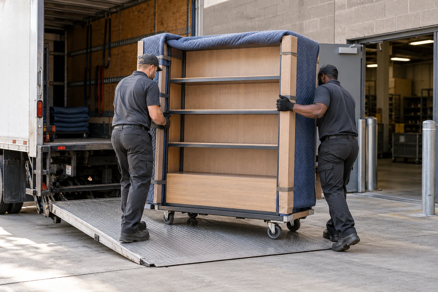 delivery crew unloading an empty, protected store fixture at a retail receiving entrance
